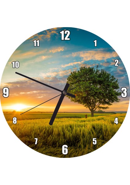 Cakatablo Çayırda Günbatımı Bulutlar ve Yalnız Ağaç Duvar Saati (Çap 30X30 Cm)