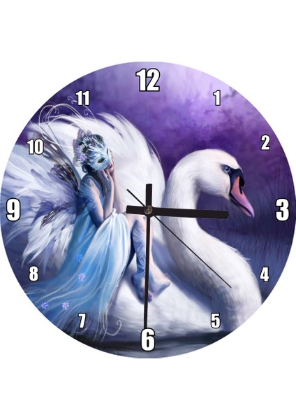 Cakatablo Beyaz Dev Kuğu ve Sırtındaki Maskeli Kadın Duvar Saati (Çap 30X30 Cm)