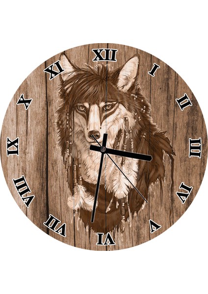 Cakatablo Kızılderili Figürlü Kurt Ahşap Zeminde Duvar Saati (Çap 30X30 Cm)