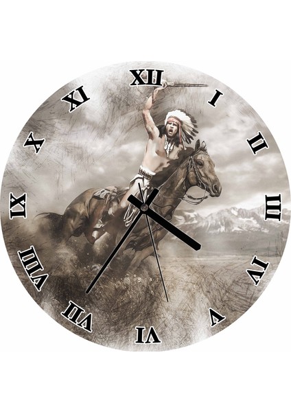 Cakatablo Savaşçı Kızılderili Duvar Saati (Çap 30X30 Cm)