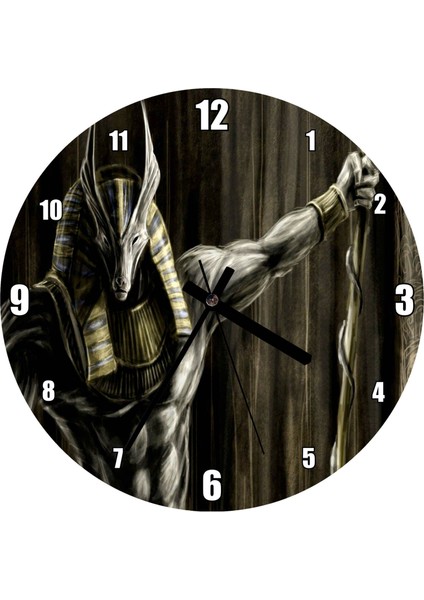 Cakatablo Muhteşem Kaslarıyla Anubis ve Asası Duvar Saati (Çap 50X50 cm )