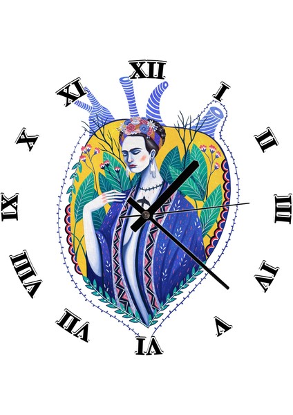 Cakatablo Kalp Içinde Frida Kahlo Duvar Saati (Çap 30X30 Cm)