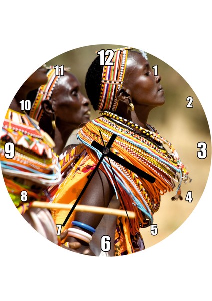 Cakatablo Rengarenk Yerel Giysileriyle Afrikalı Kadınlar Duvar Saati (Çap 50X50 cm )