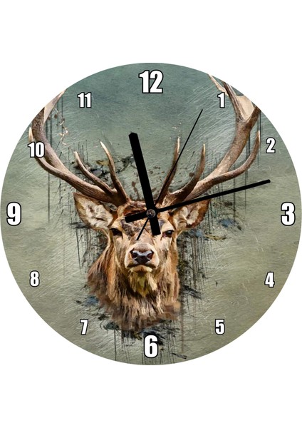 Cakatablo Muhteşem Boynuzlu Geyik Yeşil Zemin Duvar Saati (Çap 30X30 Cm)