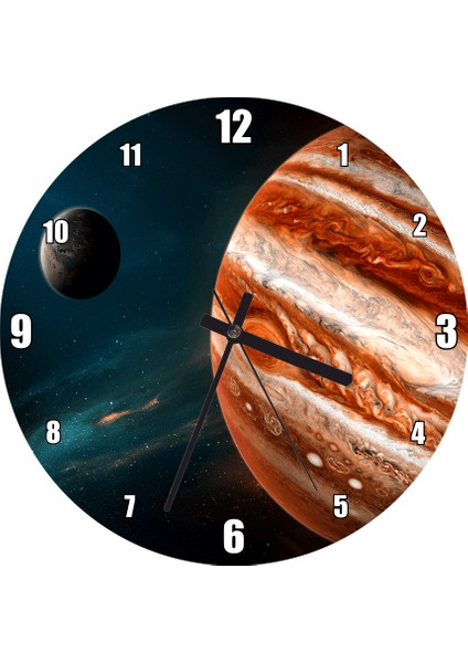 Cakatablo Jüpiter ve Arkada Gezegen ve Yıldızlar Duvar Saati (Çap 30X30 Cm)