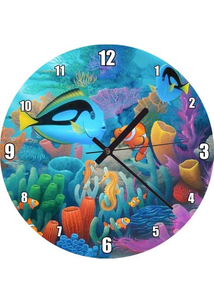 Cakatablo Doğal Ortamında Tropikal Balıklar ve Mercanlar Duvar Saati (Çap 50X50 cm )