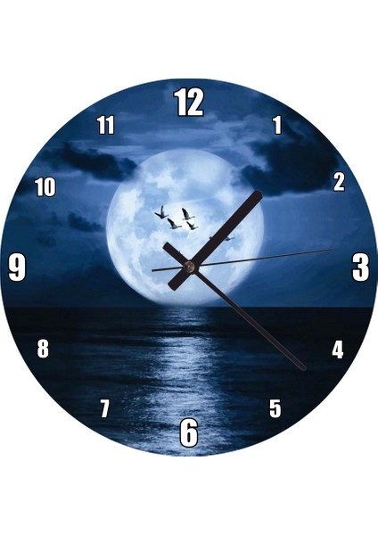 Cakatablo Deniz, Bulutlar, Kuşlar ve Süper Ay Duvar Saati (Çap 30X30 Cm)