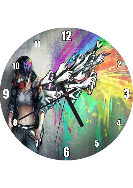 Cakatablo Graffiti Sanatçısı Kız ve Özgür Kalan Sanatı Duvar Saati (Çap 50X50 cm )