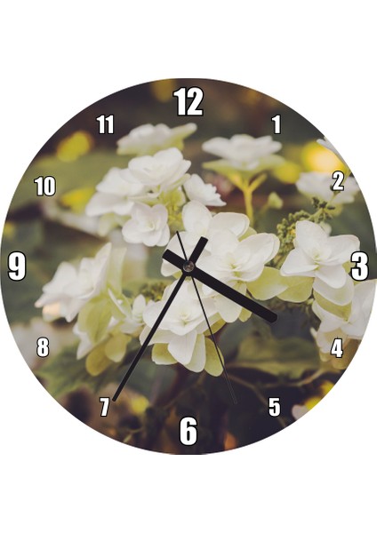 Cakatablo Dalda Bembeyaz Çiçekler Flu Arkaplan Duvar Saati (Çap 30X30 Cm)