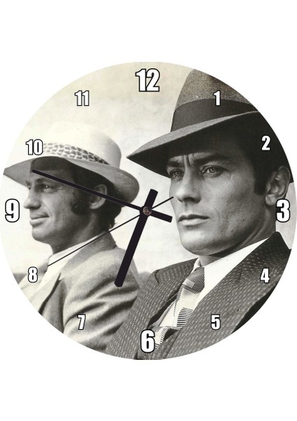 Cakatablo Jean Paul Belmondo ve Alain Delon Siyah Beyaz Duvar Saati (Çap 30X30 Cm)