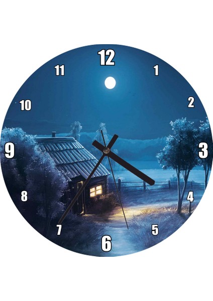 Cakatablo Dolunayda Şirin Kulübe ve Bahçede Ağaçlar Duvar Saati (Çap 50X50 cm )