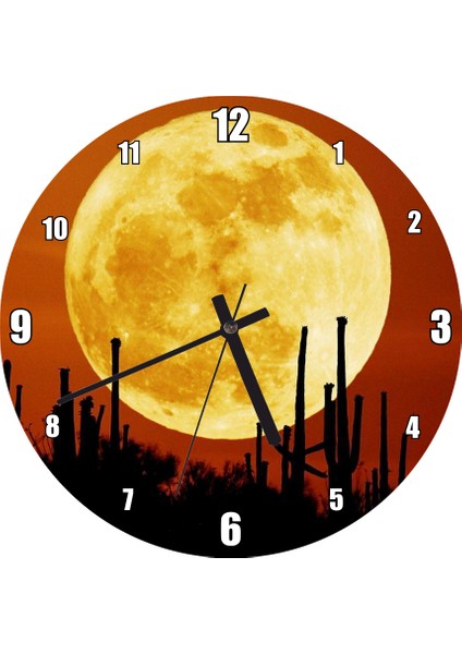 Cakatablo Arizona'da Kaktüsler ve Arkada Muhteşem Süper Ay Duvar Saati (Çap 50X50 cm )