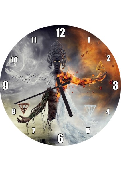 Cakatablo Ateş Toprak Su ve Rüzgar Büyücü Duvar Saati (Çap 30X30 Cm)