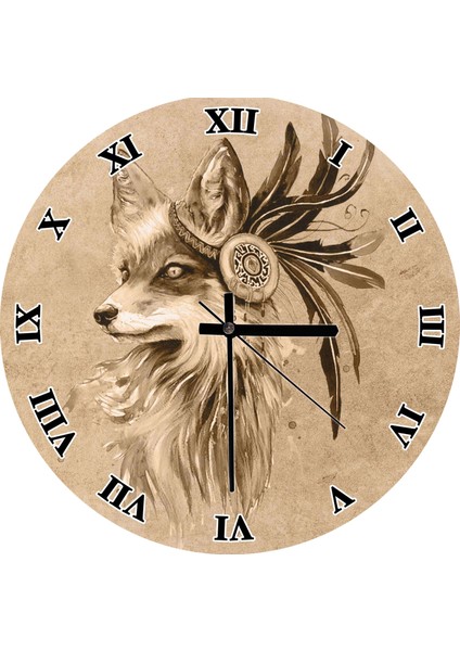 Cakatablo Kızılderili Figürlü Tilki Duvar Saati (Çap 50X50 cm )