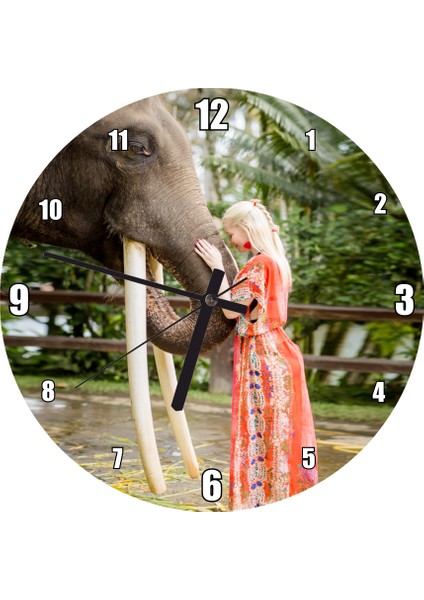 Cakatablo Yöresel Kıyafetli Kız ve Dev Dişleriyle Fil Duvar Saati (Çap 50X50 cm )