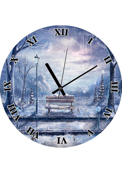 Cakatablo Karlı Park Bank Görseli Duvar Saati (Çap 30X30 Cm)