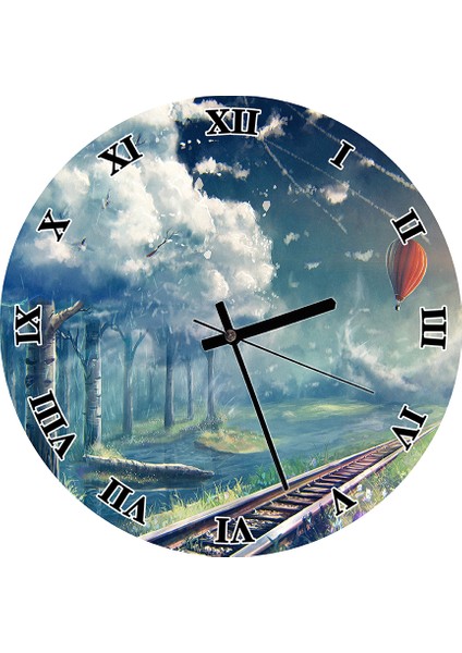 Cakatablo Demir Yolu Uçan Balon Duvar Saati (Çap 30X30 Cm)