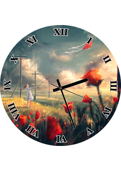Cakatablo Gelincikler Uçurtmalı Kız Duvar Saati (Çap 30X30 Cm)