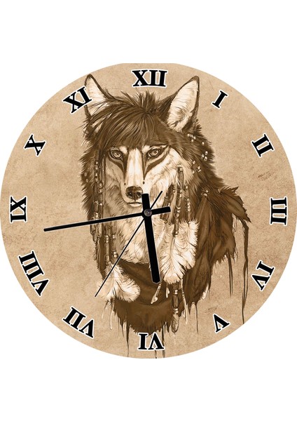 Cakatablo Kızılderili Figürlü Kurt (2) Duvar Saati (Çap 30X30 Cm)
