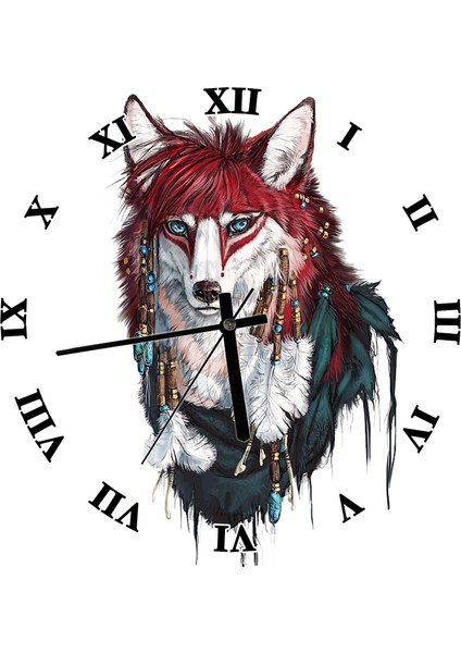 Cakatablo Kızılderili Figürlü Kurt Görseli Duvar Saati (Çap 30X30 Cm)