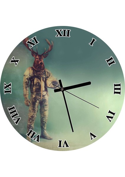 Cakatablo Ren Geyik Başlıklı Astronot Duvar Saati (Çap 30X30 Cm)