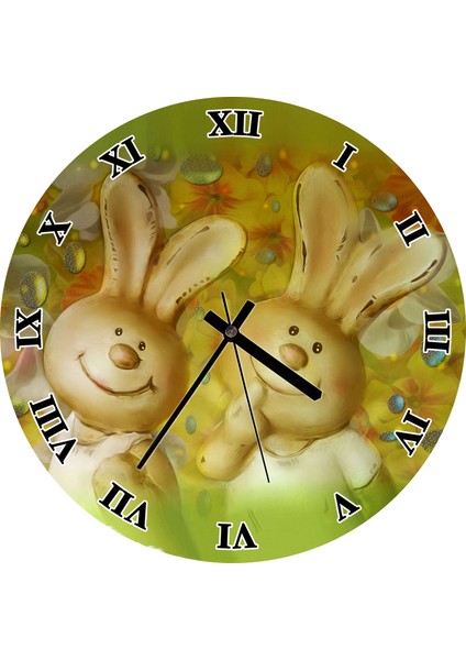 Cakatablo Yeşil Zeminde Tavşan Çifti Duvar Saati (Çap 30X30 Cm)