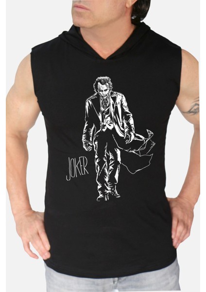 Paltolu Joker Siyah Kapşonlu|kolsuz Erkek Atlet T-Shirt