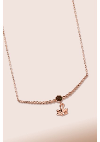 925 Ayar Gümüş Rose Kaplama Top Motifli Haki Ay Taşı Lotus Kolye