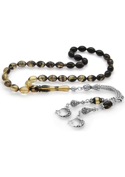 Kararmaz Metal Ayyıldız Püsküllü Arpa Kesim Süzme Siyah-Beyaz Ateş Kehribar Tesbih