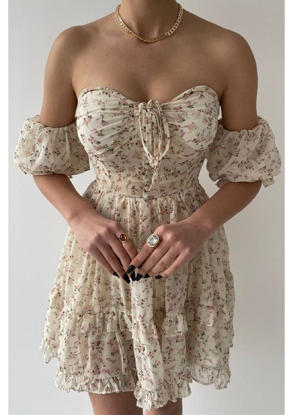 Astarlı Şifon Elbise Prenses Elbise Mini Elbise Göğsü Dolgulu Elbise Düğme Detay Volanlı Elbise fiyatları