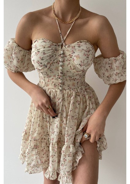 Astarlı Şifon Elbise Prenses Elbise Mini Elbise Göğsü Dolgulu Elbise Düğme Detay Volanlı Elbise modelleri