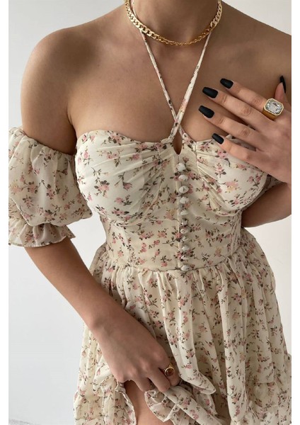 Astarlı Şifon Elbise Prenses Elbise Mini Elbise Göğsü Dolgulu Elbise Düğme Detay Volanlı Elbise fırsatları