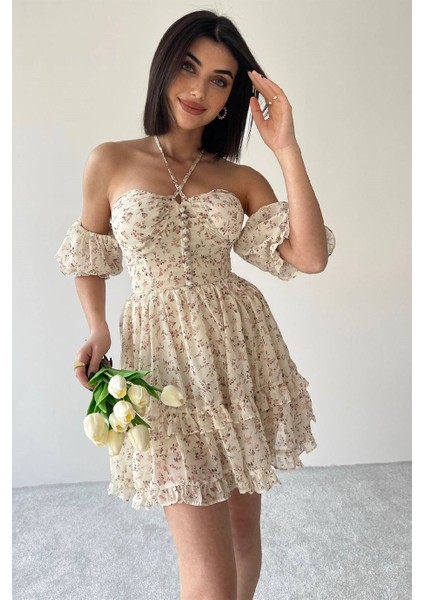 Astarlı Şifon Elbise Prenses Elbise Mini Elbise Göğsü Dolgulu Elbise Düğme Detay Volanlı Elbise indirimleri