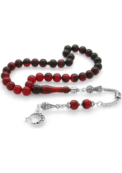 Kararmaz Metal Ayyıldız Püsküllü Küre Kesim Süzme Kırmızı-Siyah Ateş Kehribar Tesbih