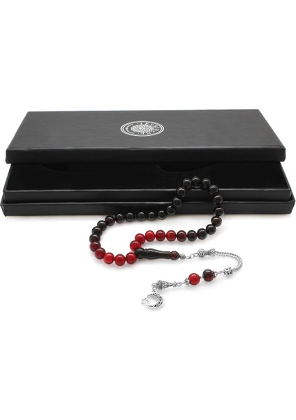 Kararmaz Metal Ayyıldız Püsküllü Küre Kesim Süzme Kırmızı-Siyah Ateş Kehribar Tesbih fiyatları