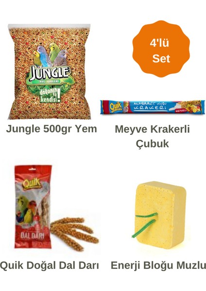 Jungle Muhabbet Kuş Ihtiyaç Set(Jungle Muhabbet Yem+Quik Meyve Krakeri+Quik Dal Darı+Quik Enerji Bloğu)