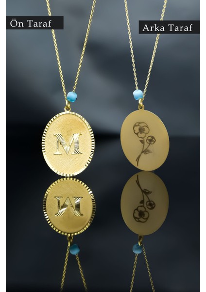 925 Ayar Gümüş Gold Kaplama Gözlü Arkası Çiçek Çizimli M Harf Plaka Kolye fiyatları
