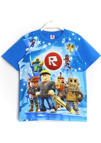 3D Roblox Oyun Baskılı Kısa Kollu T-Shirt Mavi