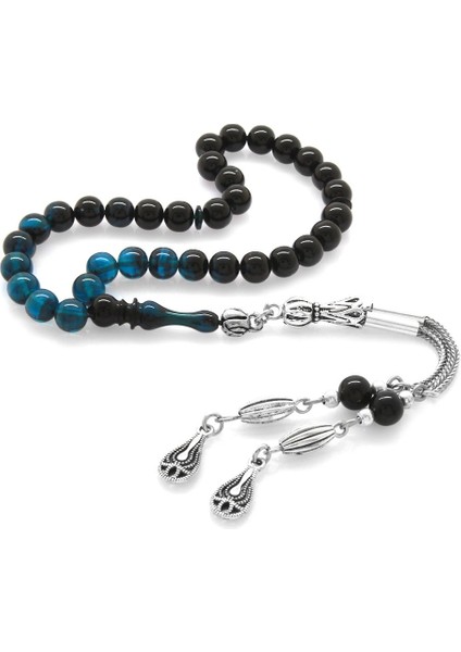 Kararmaz Metal Püsküllü Küre Kesim Bilek Boy Süzme Turkuaz-Siyah Ateş Kehribar Tesbih