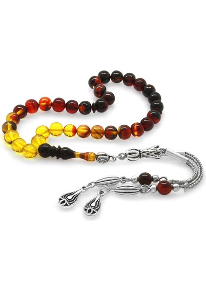 Kararmaz Metal Püsküllü Küre Kesim Bilek Boy Süzme Bala-Siyah Ateş Kehribar Tesbih