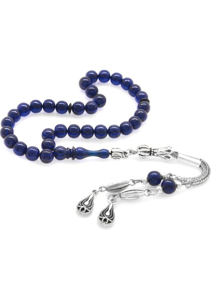 Kararmaz Metal Püsküllü Küre Kesim Bilek Boy Lacivert Sıkma Kehribar Tesbih