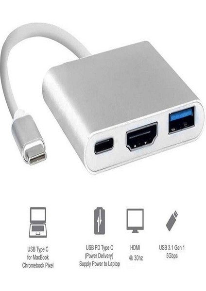 Type-C - Hdmi Çoklayıcı Çevirici (Usb 3.0+Type-C+Hdmi)