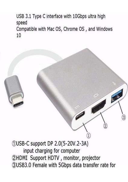 Type-C - Hdmi Çoklayıcı Çevirici (Usb 3.0+Type-C+Hdmi)