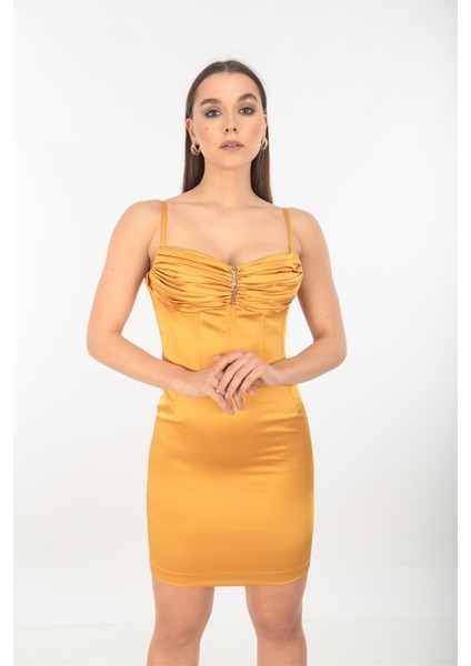 Sarı Saten Mini Elbise