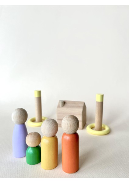 Waldorf Doğal Ahşap Oyuncak Peg Ailesi ve Evi Oyun Seti
