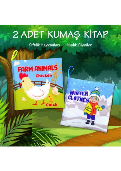 2 Kitap Tox Ingilizce Çiftlik Hayvanları ve Kışlık Giysiler Kumaş Sessiz Kitap E124 E119 - Bez Kitap , Eğitici Oyuncak , Yumuşak ve Hışırtılı