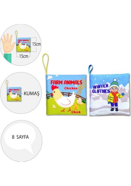 2 Kitap Tox Ingilizce Çiftlik Hayvanları ve Kışlık Giysiler Kumaş Sessiz Kitap E124 E119 - Bez Kitap , Eğitici Oyuncak , Yumuşak ve Hışırtılı