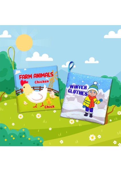 2 Kitap Tox Ingilizce Çiftlik Hayvanları ve Kışlık Giysiler Kumaş Sessiz Kitap E124 E119 - Bez Kitap , Eğitici Oyuncak , Yumuşak ve Hışırtılı