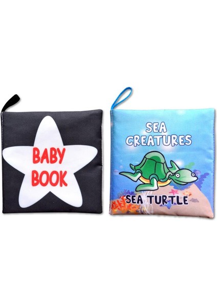 2 Kitap Tox Ingilizce Siyah-Beyaz Bebek ve Deniz Canlıları Kumaş Sessiz Kitap E136 E122 - Bez Kitap , Eğitici Oyuncak , Yumuşak ve Hışırtılı