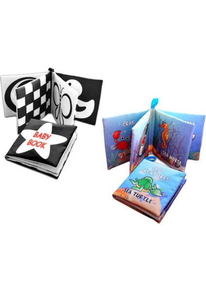 2 Kitap Tox Ingilizce Siyah-Beyaz Bebek ve Deniz Canlıları Kumaş Sessiz Kitap E136 E122 - Bez Kitap , Eğitici Oyuncak , Yumuşak ve Hışırtılı modelleri